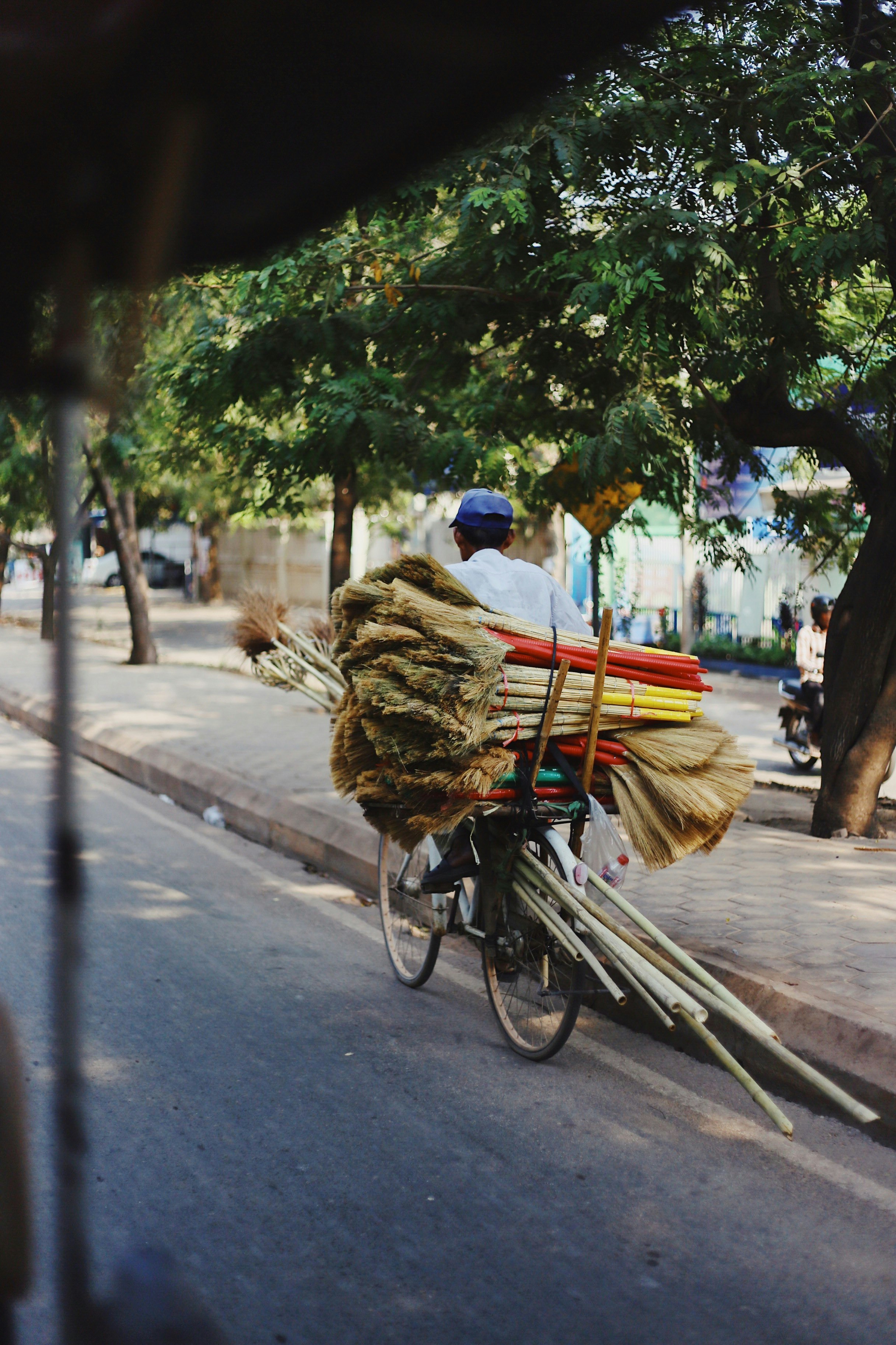 man riding bicycle with broom on it's back